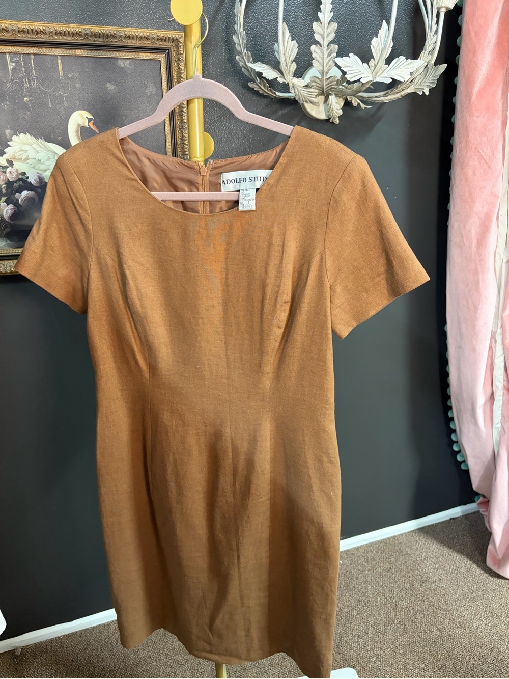Adolfo Short-Sleeve Mini Dress in Warm Cognac